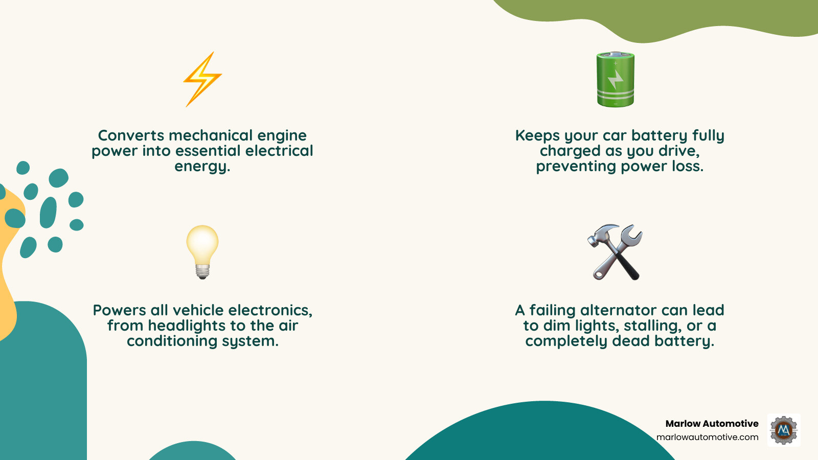 Infographic showing how an alternator powers a vehicle's battery, lights, and electronics - alternator replacement allen tx