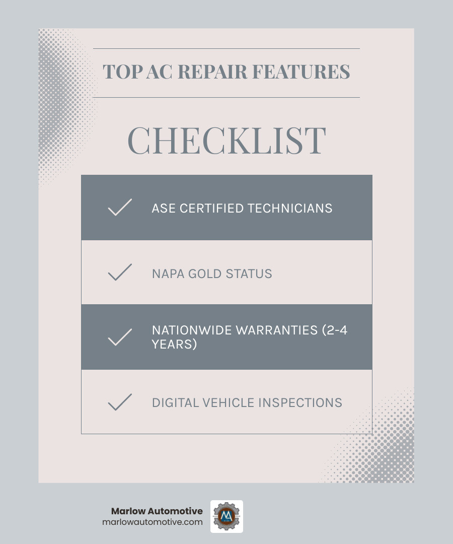 Infographic showing top auto AC repair shops in Frisco TX with their ratings, warranty details, certifications, and standout features listed side by side in a clean comparison layout - best auto ac repair in frisco, tx infographic checklist-light-blue-grey