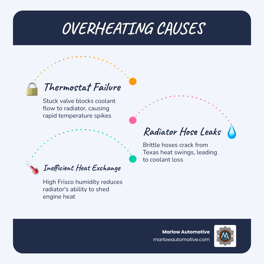 Infographic showing the engine cooling cycle, common overheating causes, and warning signs for Frisco TX drivers - best car