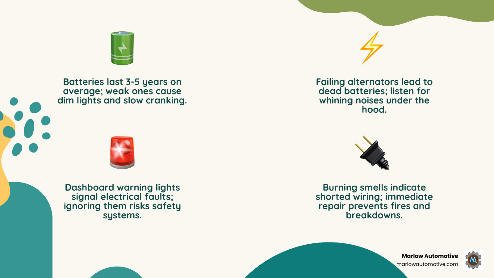 Infographic showing key car electrical system components and common failure signs - best car electrical repair in fairview Infographic showing key car electrical system components and common failure signs - best car electrical repair in fairview