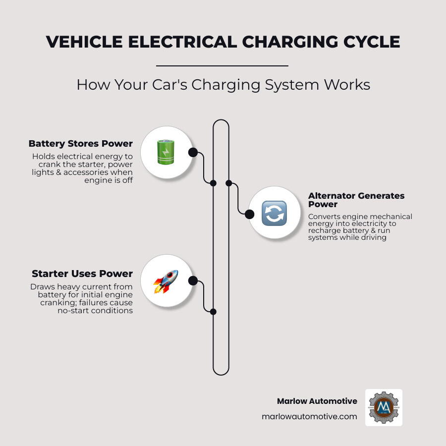Infographic showing the vehicle electrical charging cycle with battery, alternator, starter, and key warning signs - best
