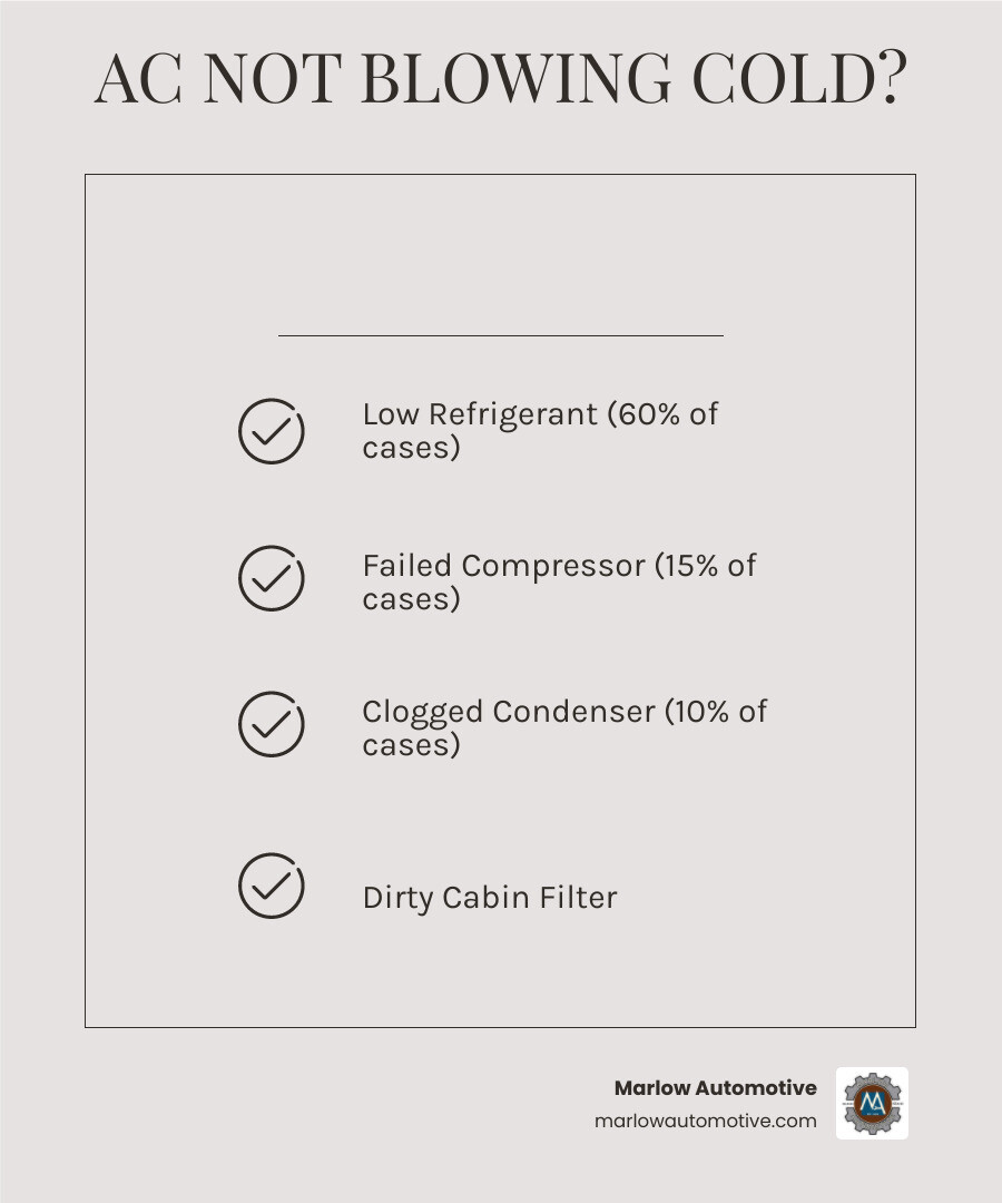 Infographic showing 7 common reasons a car AC stops blowing cold air with visual system diagram - auto ac not blowing cold Infographic showing 7 common reasons a car AC stops blowing cold air with visual system diagram - auto ac not blowing cold