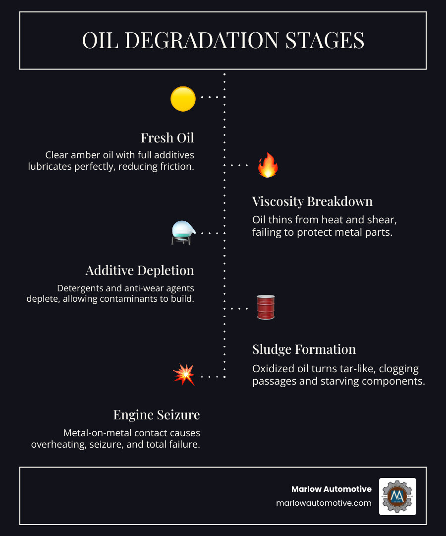 Infographic showing oil degradation stages from fresh amber oil to dark sludge and engine failure consequences - what