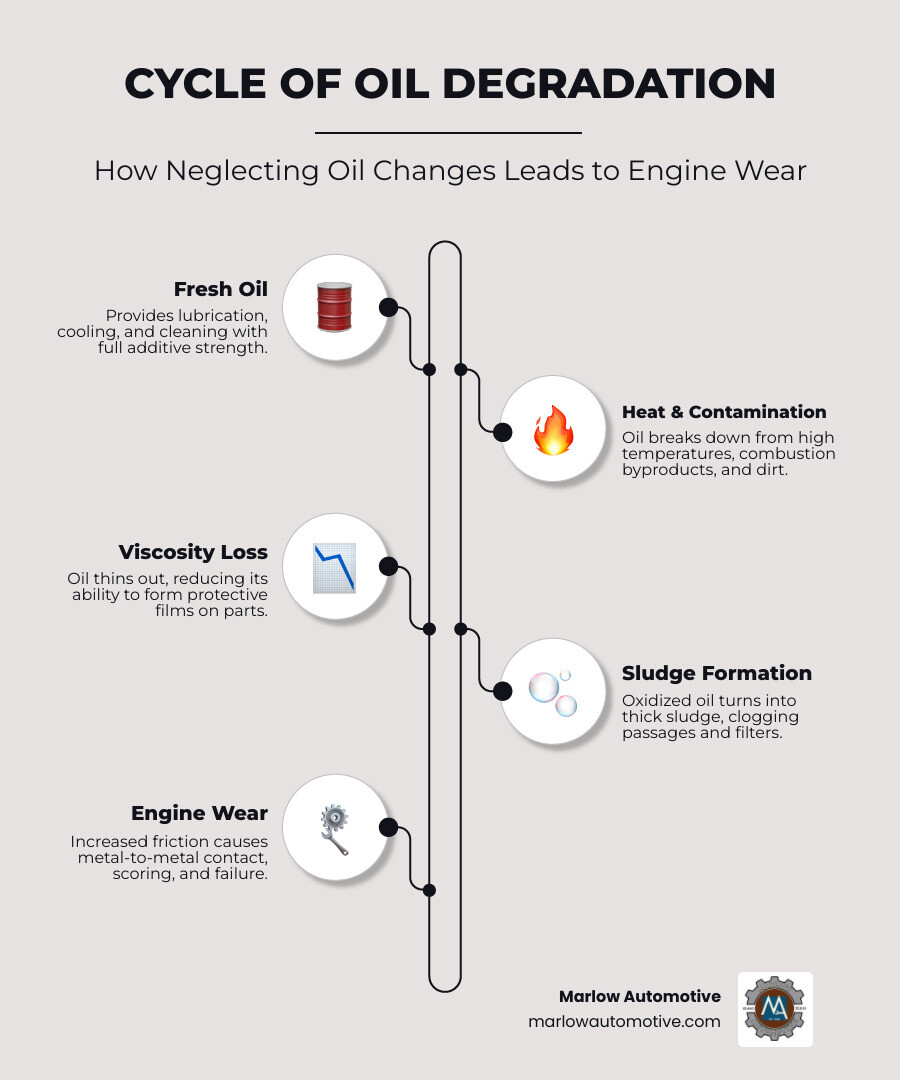 Infographic showing the cycle of oil degradation, sludge buildup, and engine wear over time - why regular oil changes matter