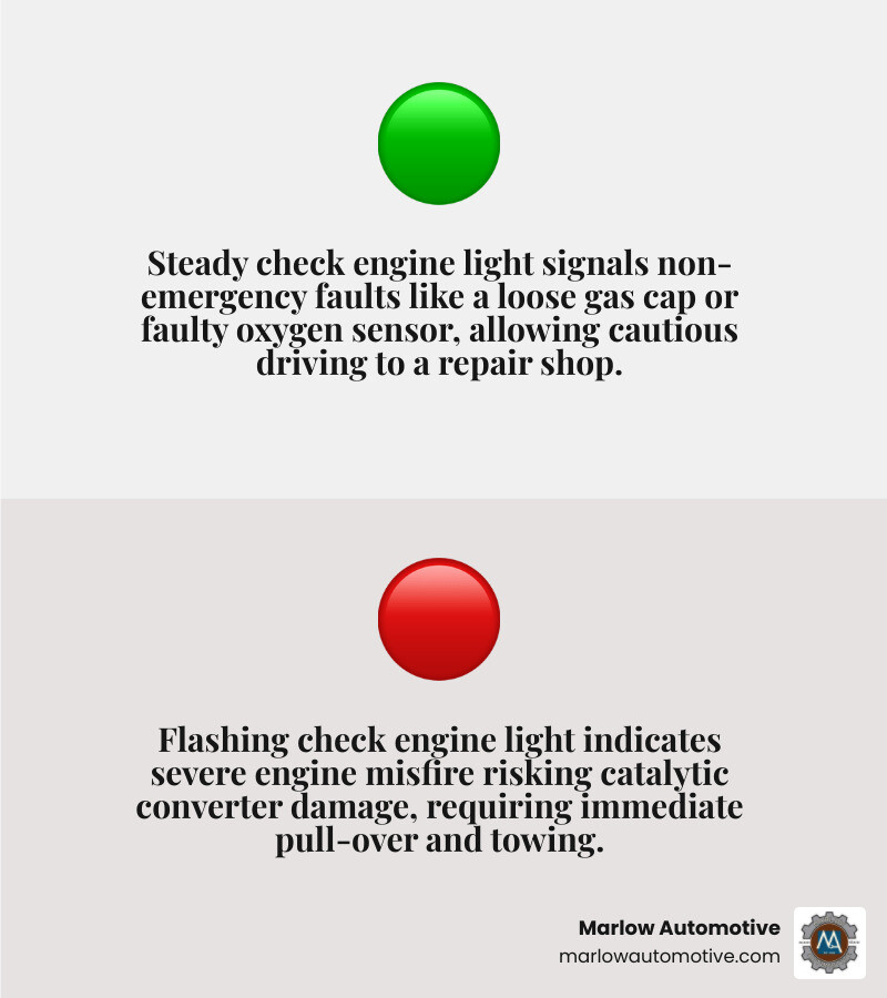 Infographic showing check engine light: steady vs flashing, common causes, and recommended actions - is it safe to drive