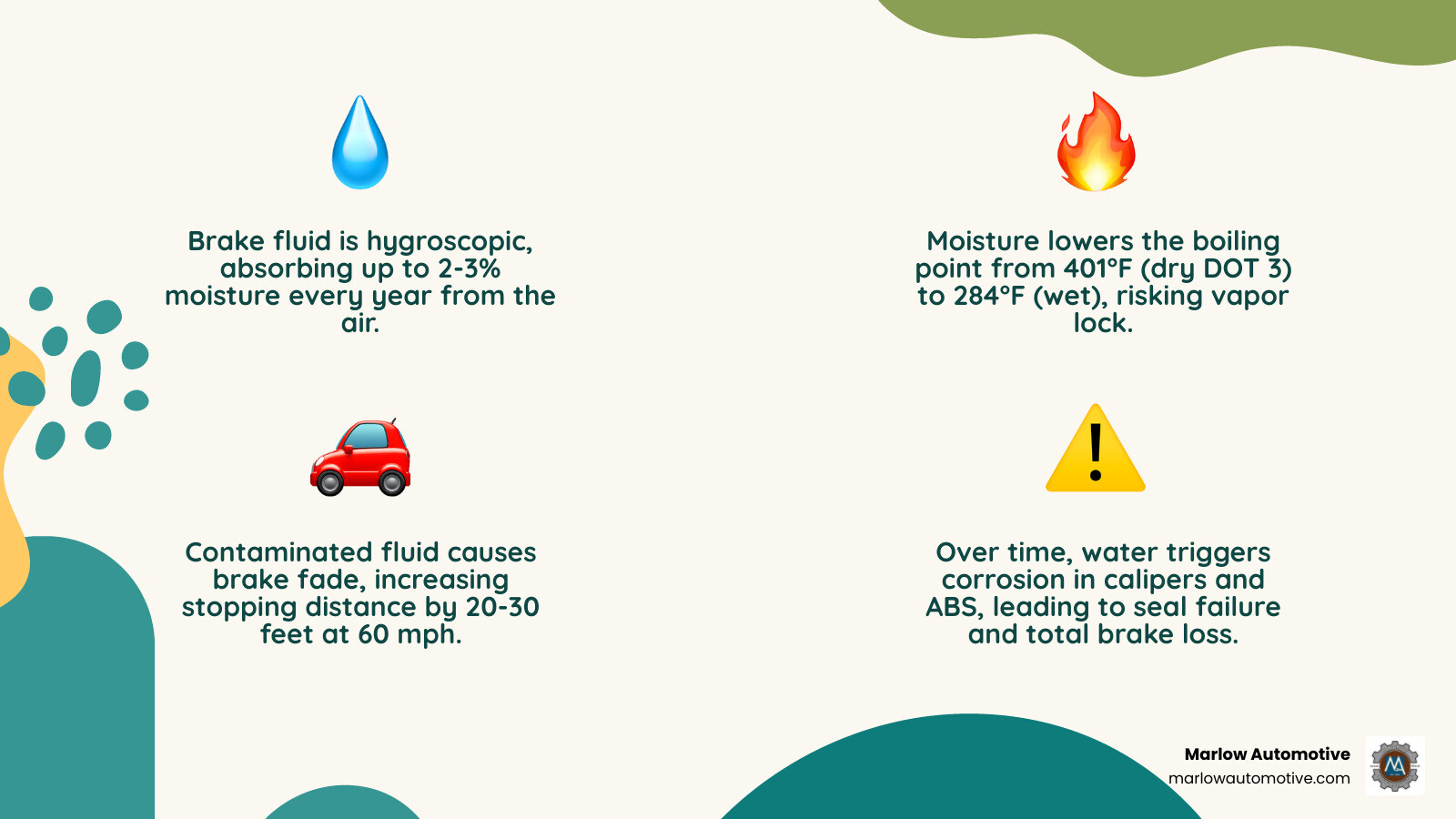 Infographic showing hygroscopic brake fluid moisture absorption and boiling point drop over time - brake fluid flush why it Infographic showing hygroscopic brake fluid moisture absorption and boiling point drop over time - brake fluid flush why it