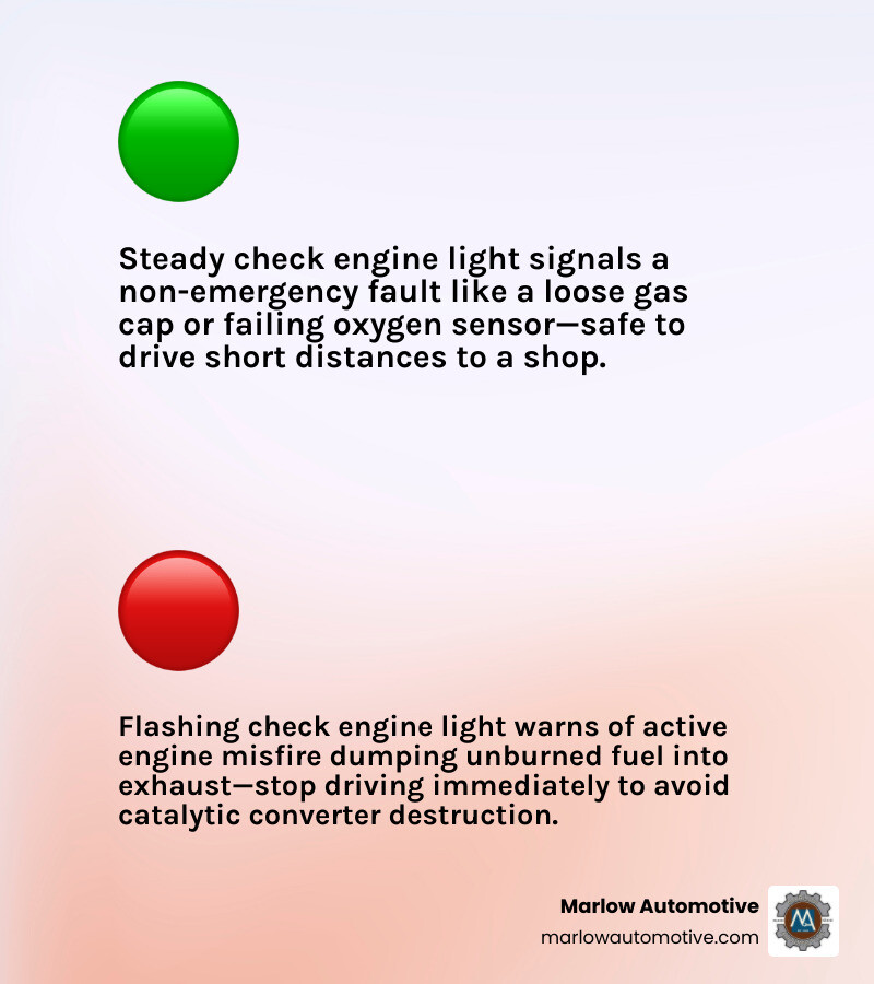 Infographic comparing steady vs flashing check engine light urgency, causes, and recommended actions - check engine light