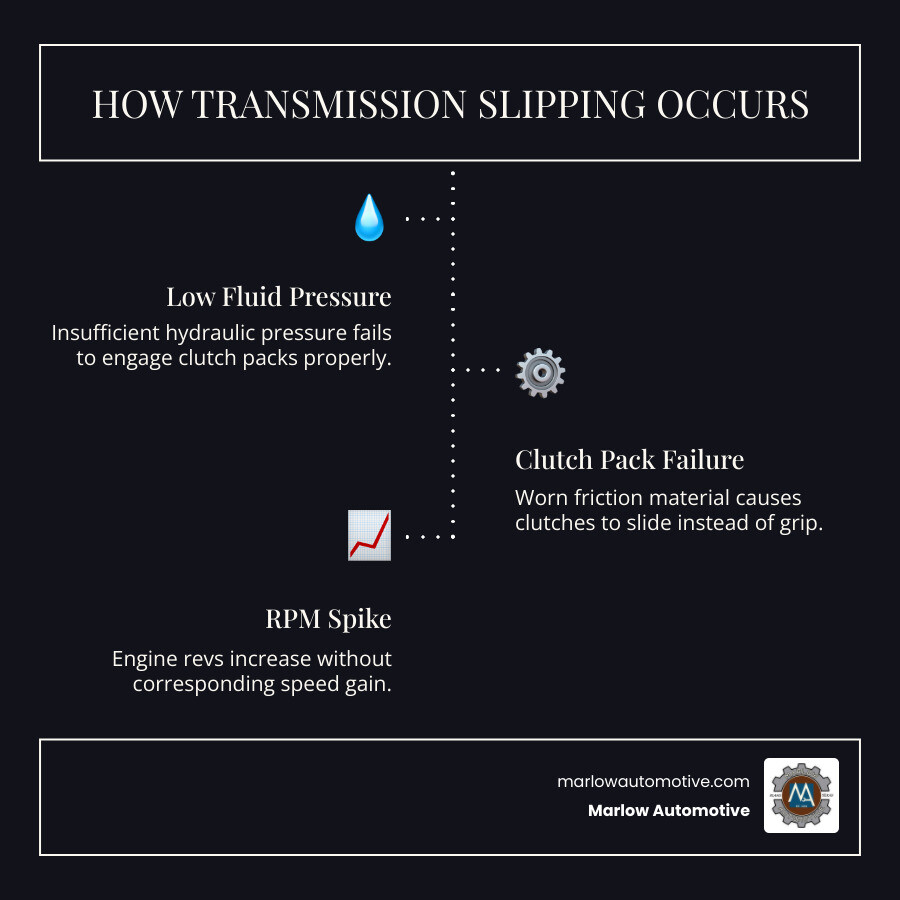 Infographic showing how transmission slipping occurs: low fluid pressure, clutch pack failure, gear disengagement, RPM spike