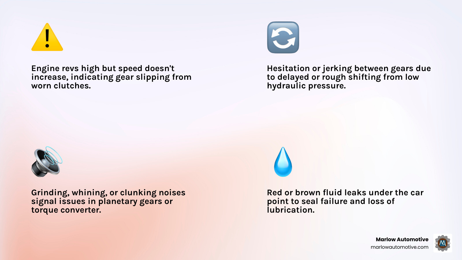 Infographic showing 7 transmission warning signs with icons for slipping gears, noises, leaks, smells, dashboard lights