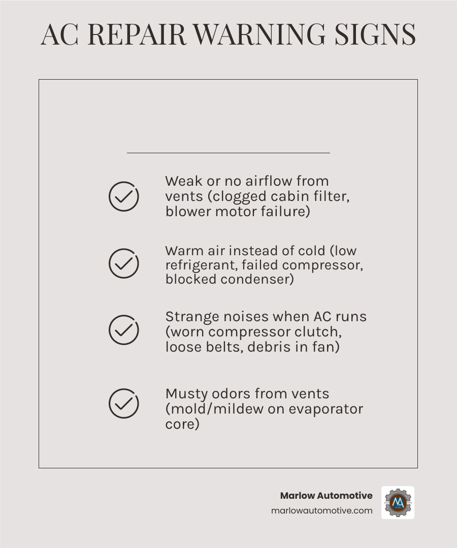 Auto AC repair warning signs infographic showing common symptoms and causes - auto ac repair signs every driver should know Auto AC repair warning signs infographic showing common symptoms and causes - auto ac repair signs every driver should know