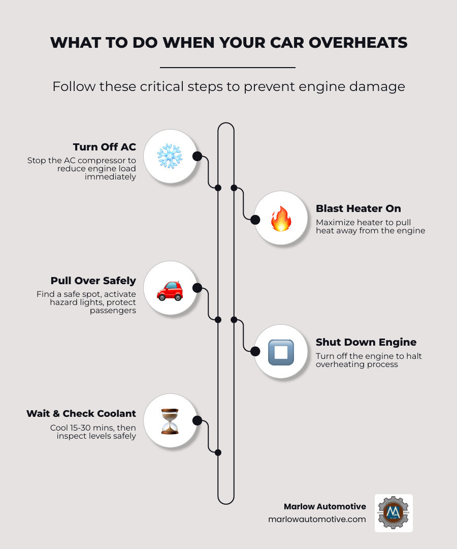 Infographic showing cooling system basics: coolant flow, radiator, thermostat, water pump, and what to do when overheating Infographic showing cooling system basics: coolant flow, radiator, thermostat, water pump, and what to do when overheating
