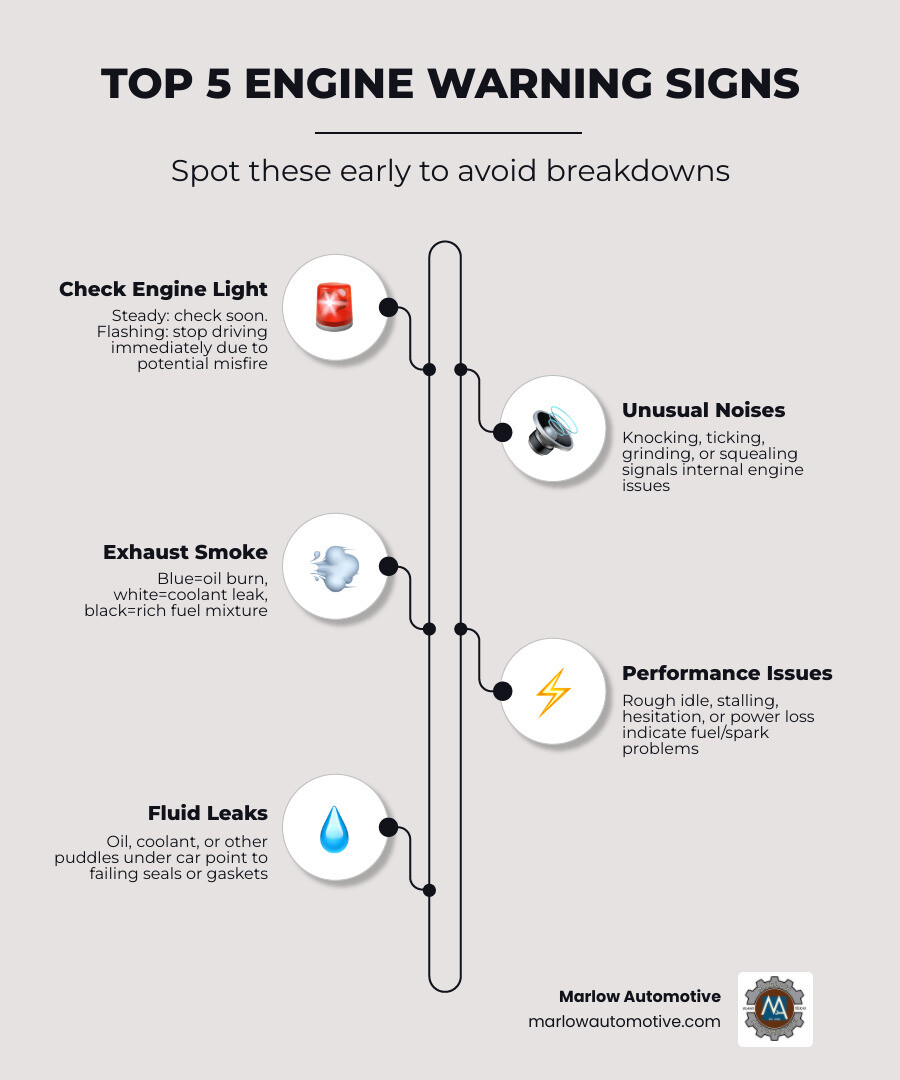 Infographic showing top 5 engine warning signs: check engine light, unusual noises, exhaust smoke colors, fluid leaks, and Infographic showing top 5 engine warning signs: check engine light, unusual noises, exhaust smoke colors, fluid leaks, and