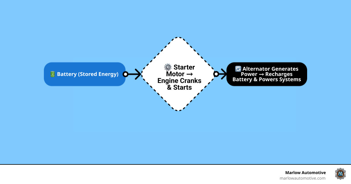 Infographic showing electricity flow from battery to starter to alternator in a car's electrical system - battery and Infographic showing electricity flow from battery to starter to alternator in a car's electrical system - battery and