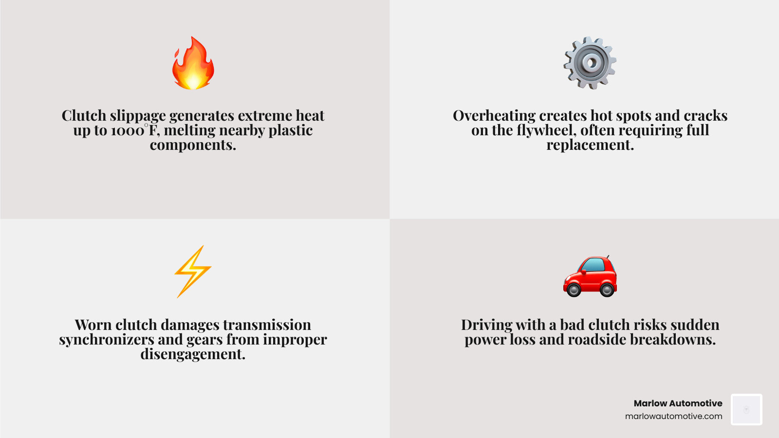 Infographic showing heat damage to a flywheel and transmission components - how to tell if your clutch is going bad Infographic showing heat damage to a flywheel and transmission components - how to tell if your clutch is going bad