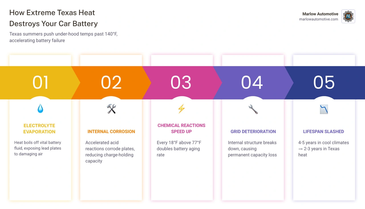 Infographic showing how Texas heat evaporates battery fluid, causes internal corrosion, and shortens battery lifespan - how Infographic showing how Texas heat evaporates battery fluid, causes internal corrosion, and shortens battery lifespan - how