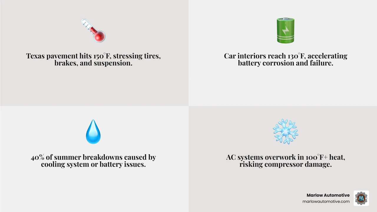 infographic showing how Texas summer heat affects car battery, tires, coolant, AC, and engine oil - summer car care tips for