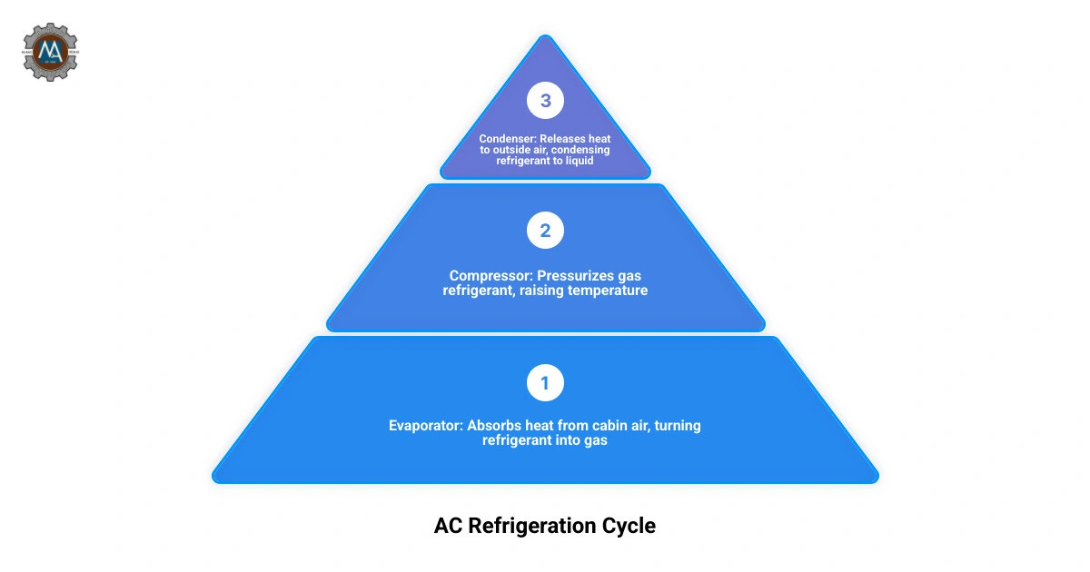 Infographic showing the automotive AC refrigeration cycle components compressor condenser evaporator and warning signs Infographic showing the automotive AC refrigeration cycle components compressor condenser evaporator and warning signs