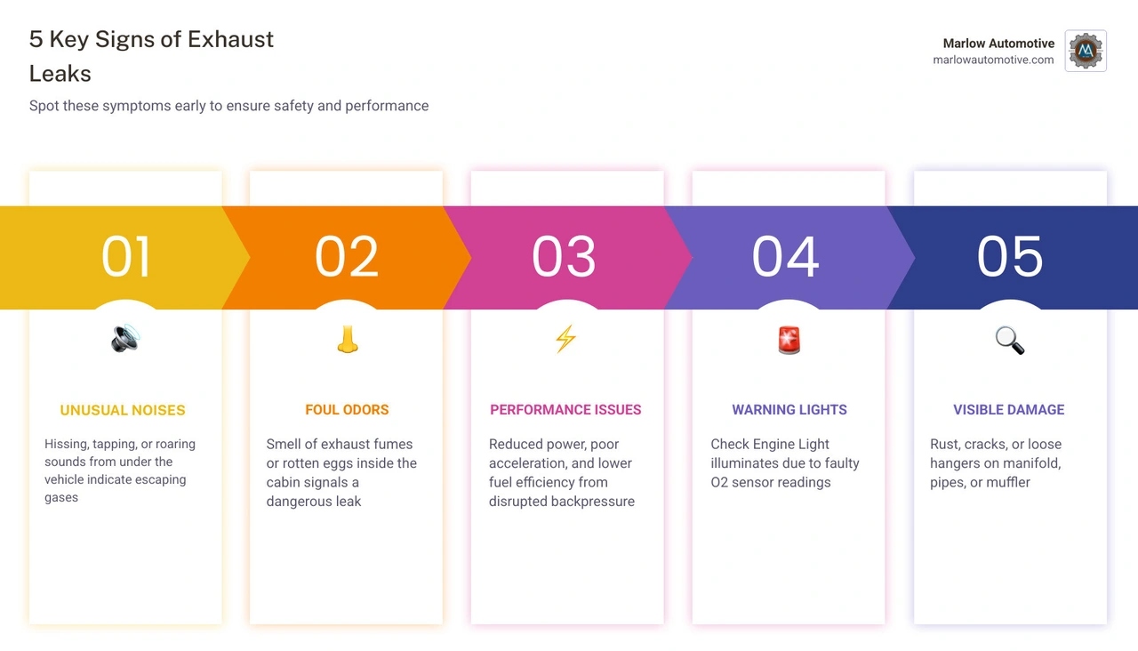 exhaust leak diagnosis process - exhaust leak plano diagnostics infographic pillar-5-steps