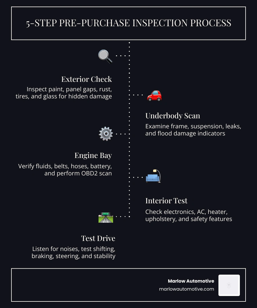 5-step pre-purchase car inspection process for used car buyers infographic - pre purchase inspection checklist for buyers 5-step pre-purchase car inspection process for used car buyers infographic - pre purchase inspection checklist for buyers