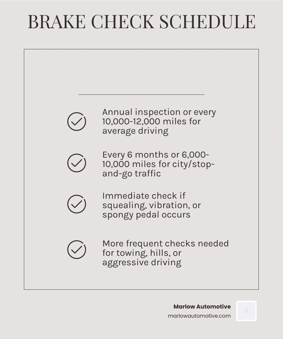 Brake inspection frequency guide infographic: annual check, mileage intervals, city vs highway, warning signs infographic