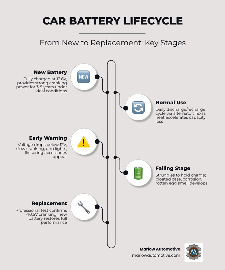 Car battery lifecycle infographic showing lifespan stages, warning signs, and replacement tips - Allen TX battery Car battery lifecycle infographic showing lifespan stages, warning signs, and replacement tips - Allen TX battery