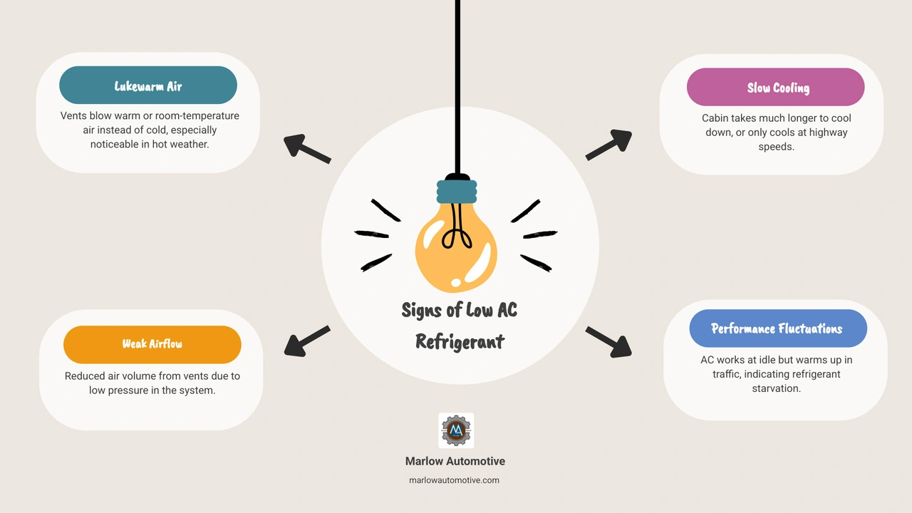 Infographic showing signs of low AC refrigerant, the recharge process steps, and when to seek full repair vs. simple