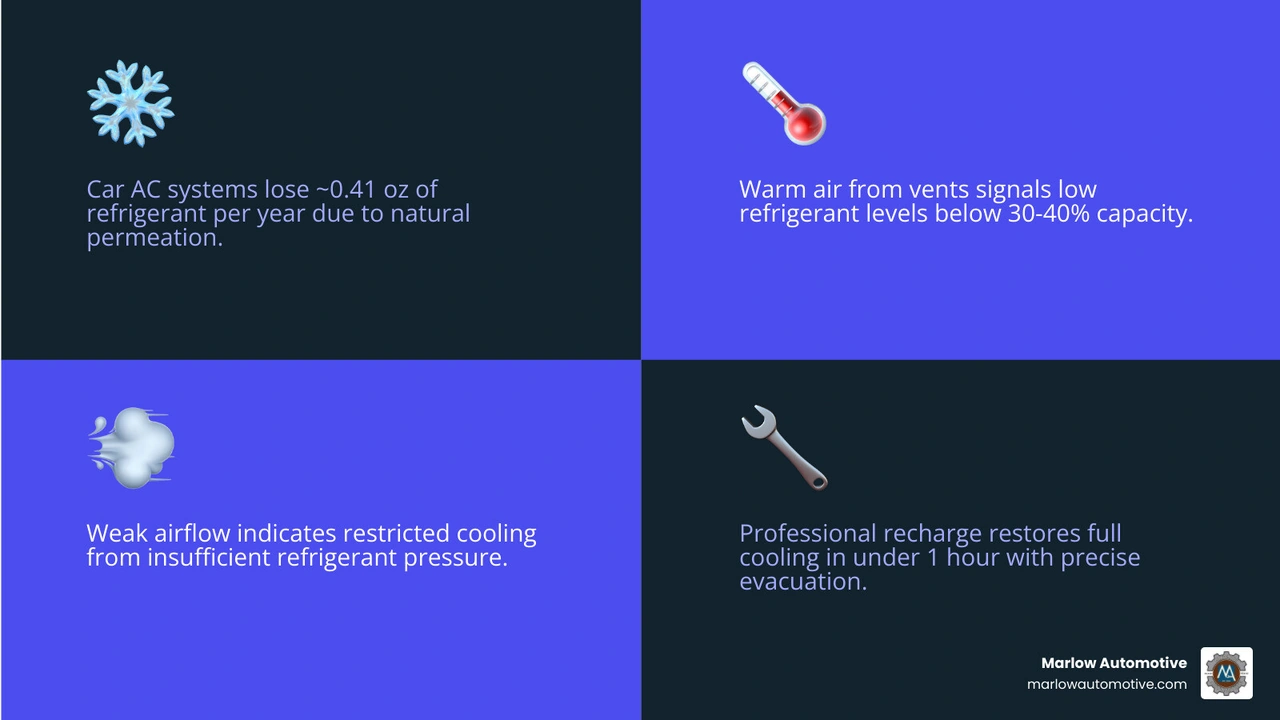 Infographic showing the car AC cooling cycle and signs refrigerant is low - car ac recharge service infographic