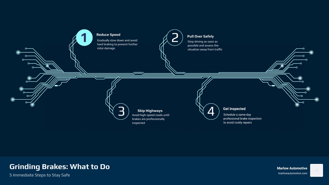 Infographic showing 5 steps to take when brakes start grinding, from slowing down to professional brake repair infographic Infographic showing 5 steps to take when brakes start grinding, from slowing down to professional brake repair infographic