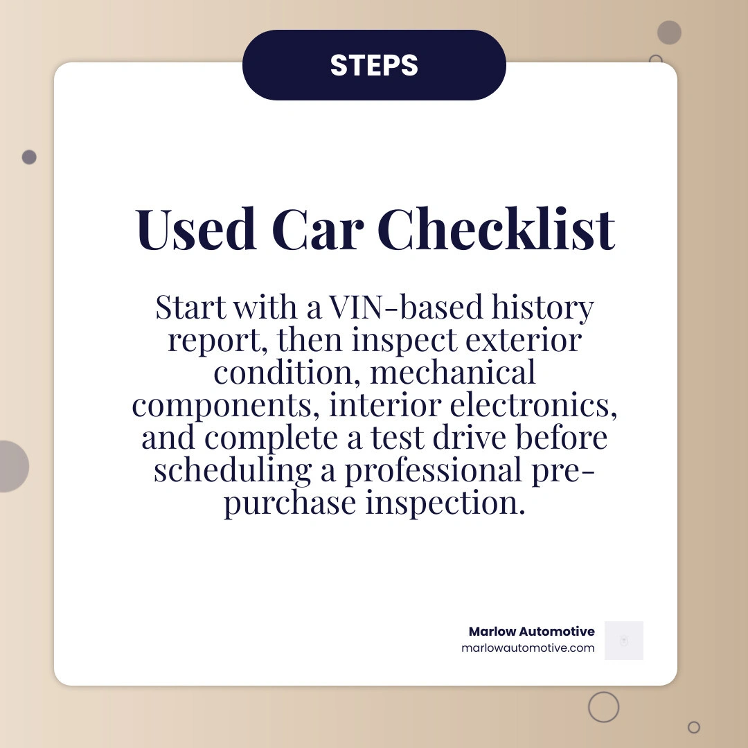 Step-by-step used car buying checklist covering history, exterior, engine, interior, test drive, and inspection infographic Step-by-step used car buying checklist covering history, exterior, engine, interior, test drive, and inspection infographic
