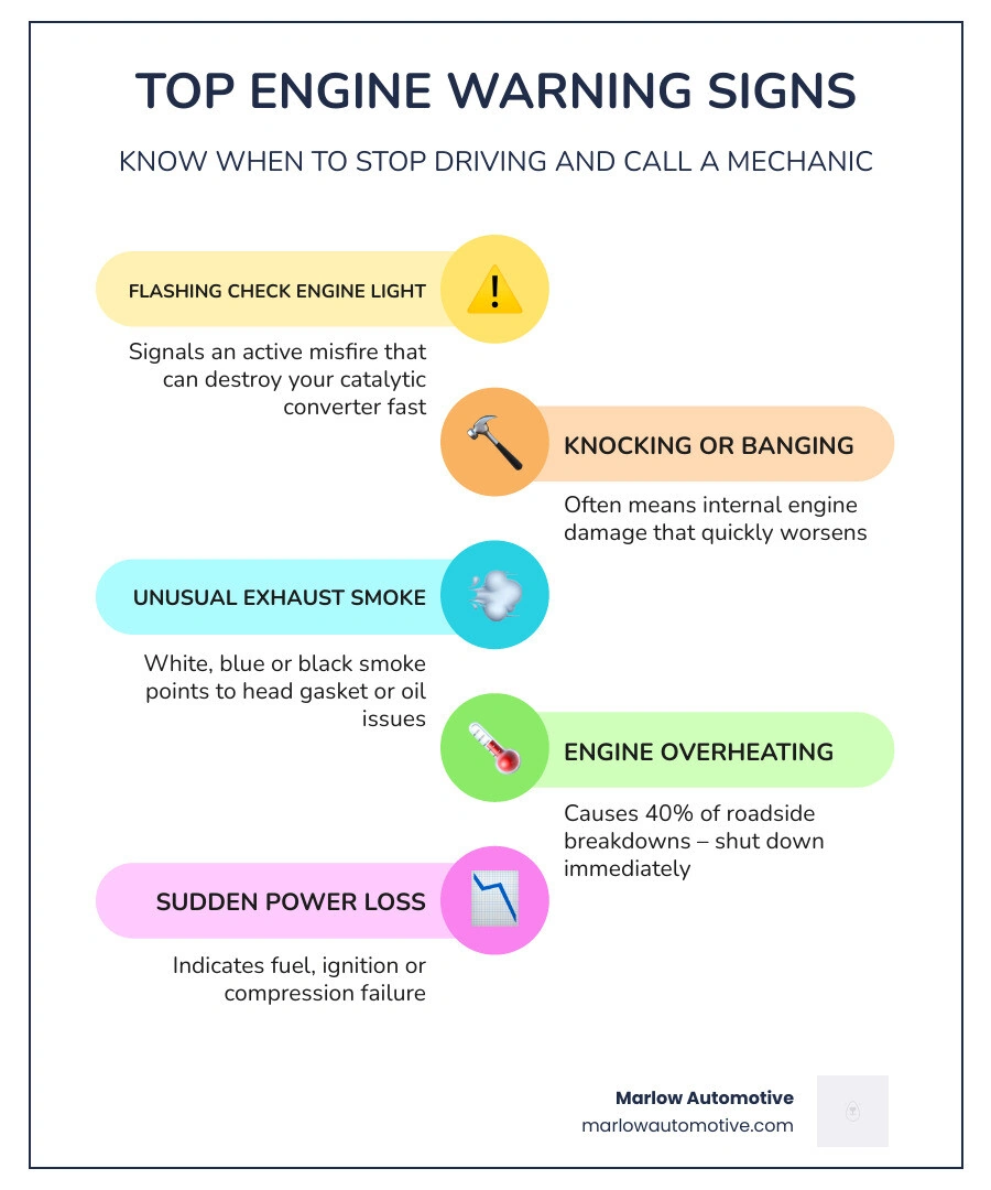 Infographic showing top 5 engine failure warning signs drivers should never ignore infographic