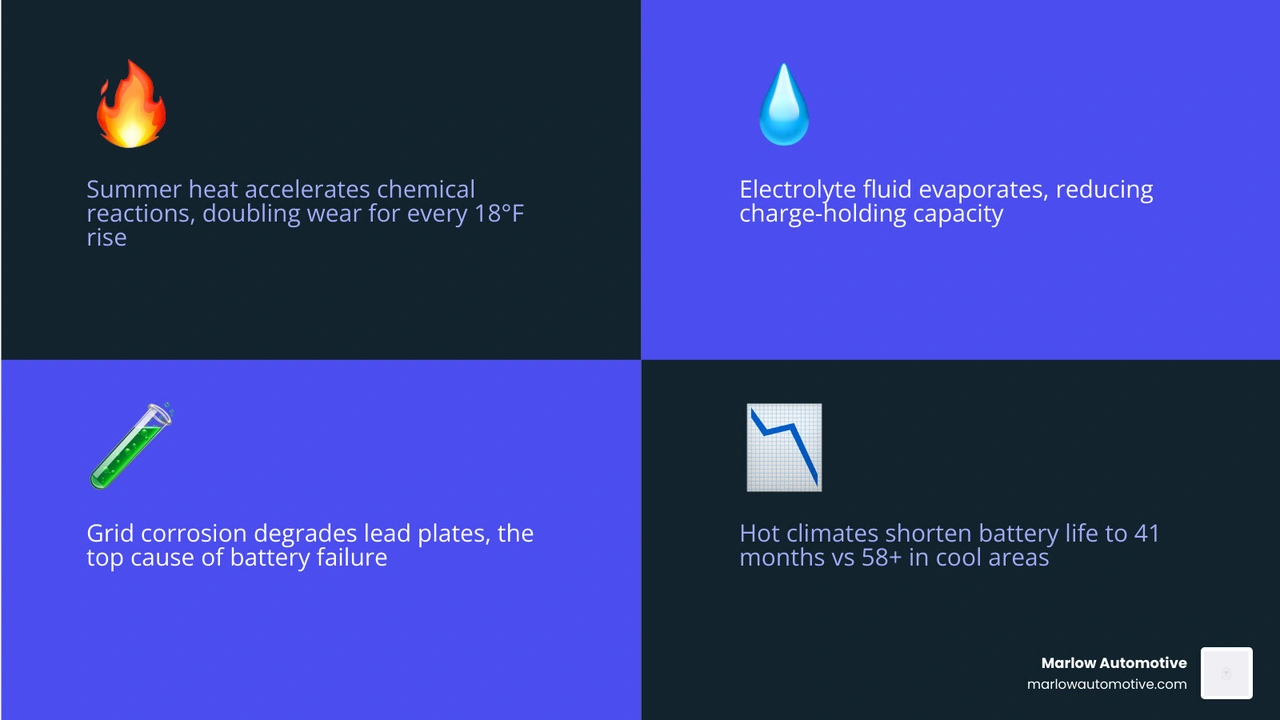Infographic showing how summer heat damages car batteries vs winter cold with lifespan stats infographic