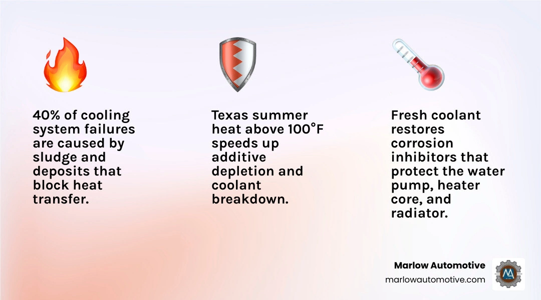 Infographic showing coolant flush benefits: removes rust and scale, restores pH balance, protects water pump and heater