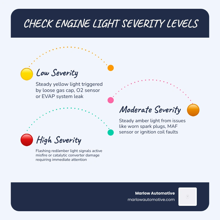 Check engine light basics infographic: solid vs flashing light, common causes, and what to do next infographic