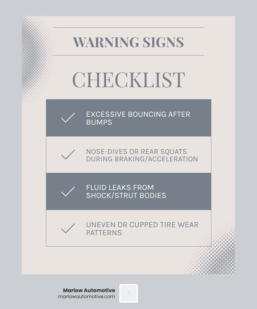 Infographic: shock and strut replacement warning signs, mileage guide, and key symptoms checklist infographic