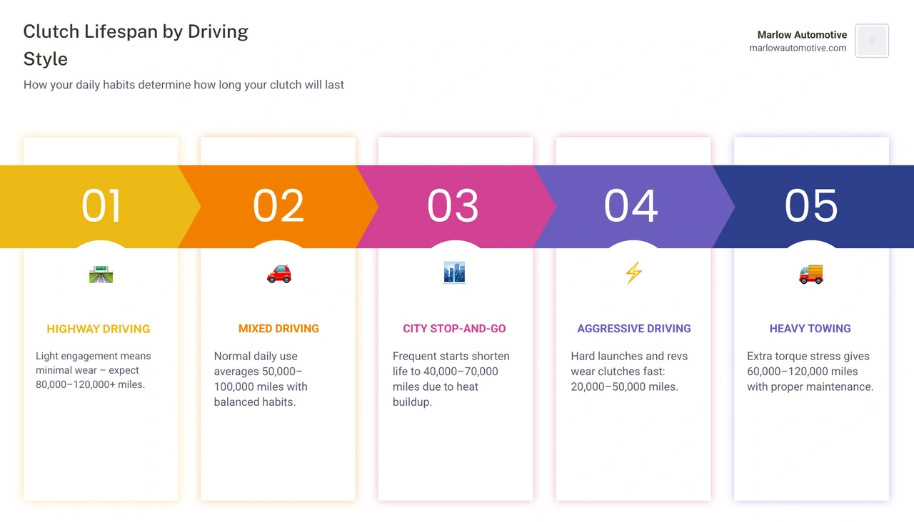 Clutch lifespan by driving condition infographic with mileage ranges and key factors - how long does a clutch last Clutch lifespan by driving condition infographic with mileage ranges and key factors - how long does a clutch last