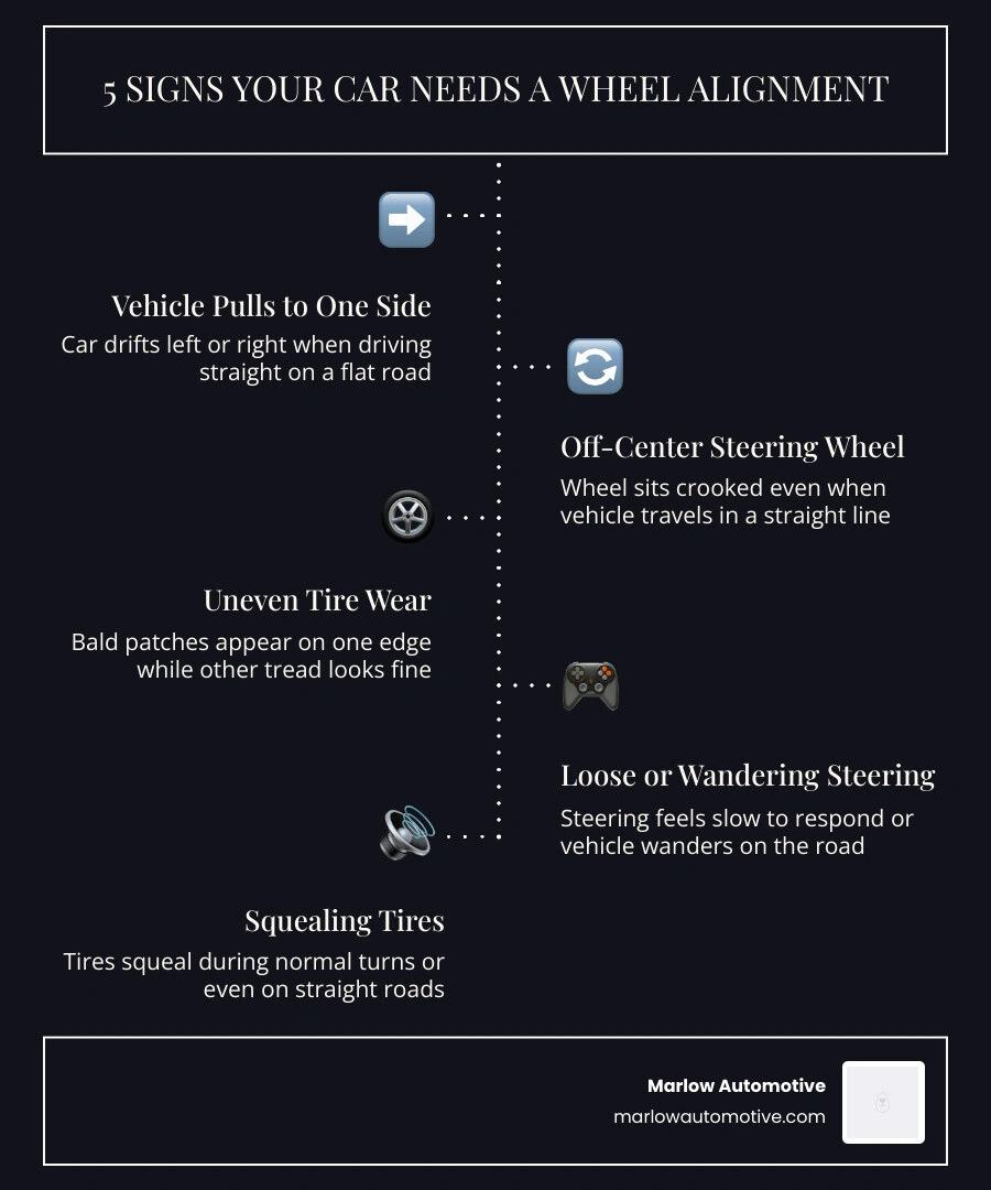 Infographic showing 5 signs your car needs a wheel alignment: pulling to one side, off-center steering wheel, uneven tire