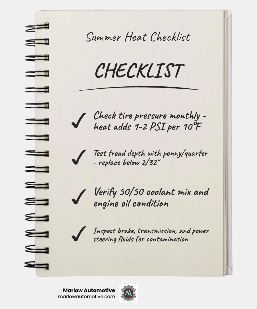 Summer tire and fluid maintenance checklist infographic with 10 key checks for hot weather driving infographic