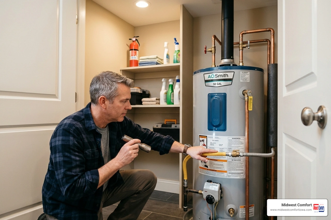 Homeowner inspecting a utility closet in an Ankeny home - gas vs electric water heater comparison for homeowners