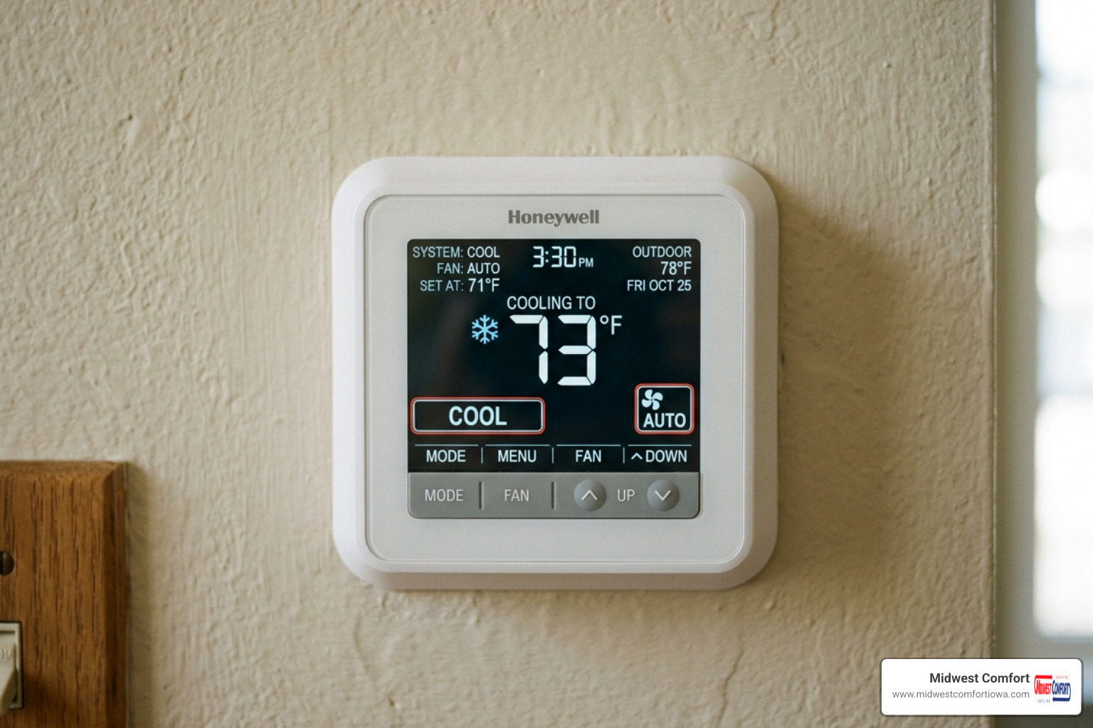 Close-up of a digital thermostat display set to Cool and Auto mode - why is my ac blowing warm air troubleshooting steps Close-up of a digital thermostat display set to Cool and Auto mode - why is my ac blowing warm air troubleshooting steps