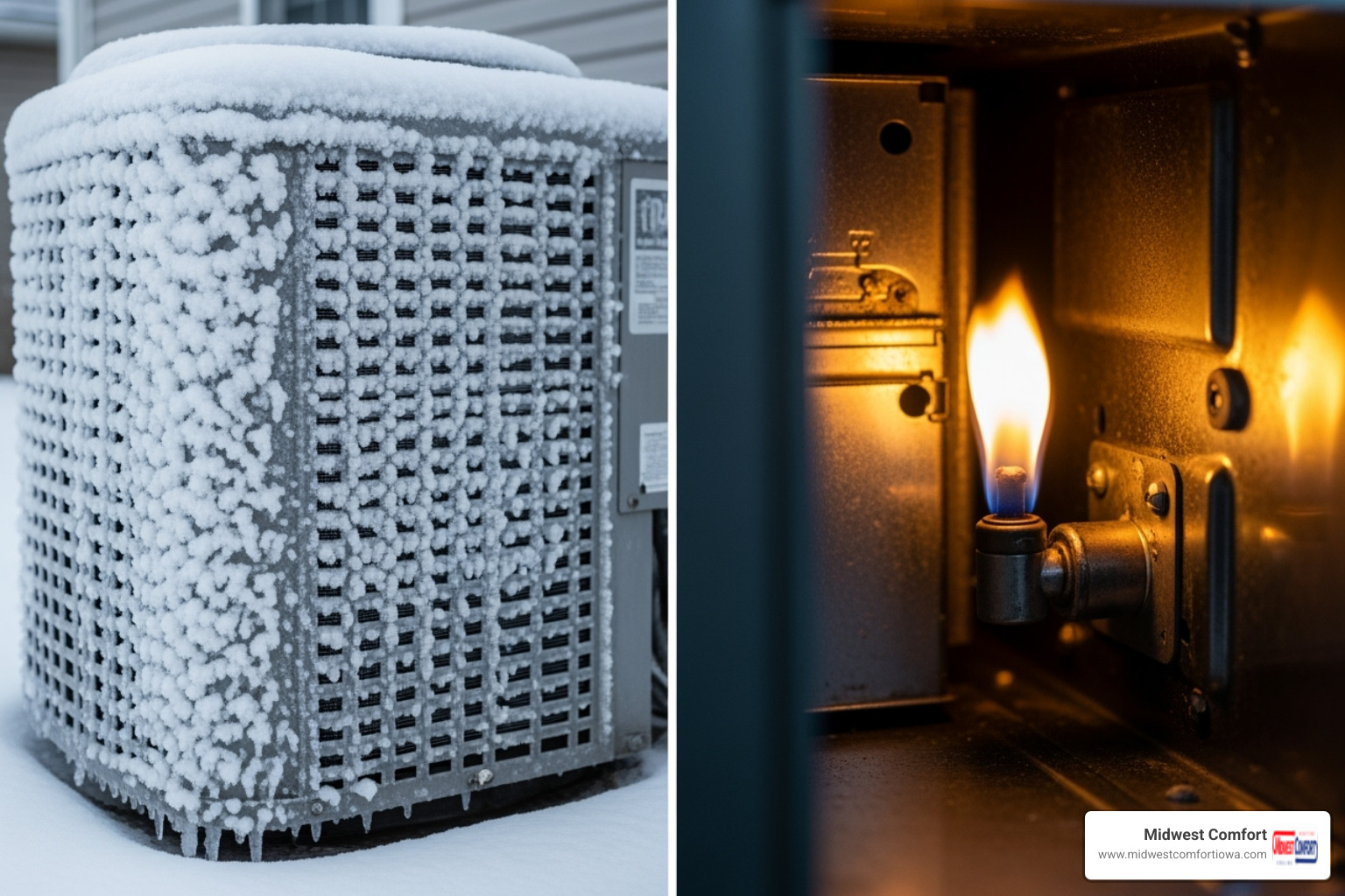 frozen AC unit with ice covering the coils, and a close-up of a furnace pilot light showing a yellow flame instead of blue - urgent repair waukee
