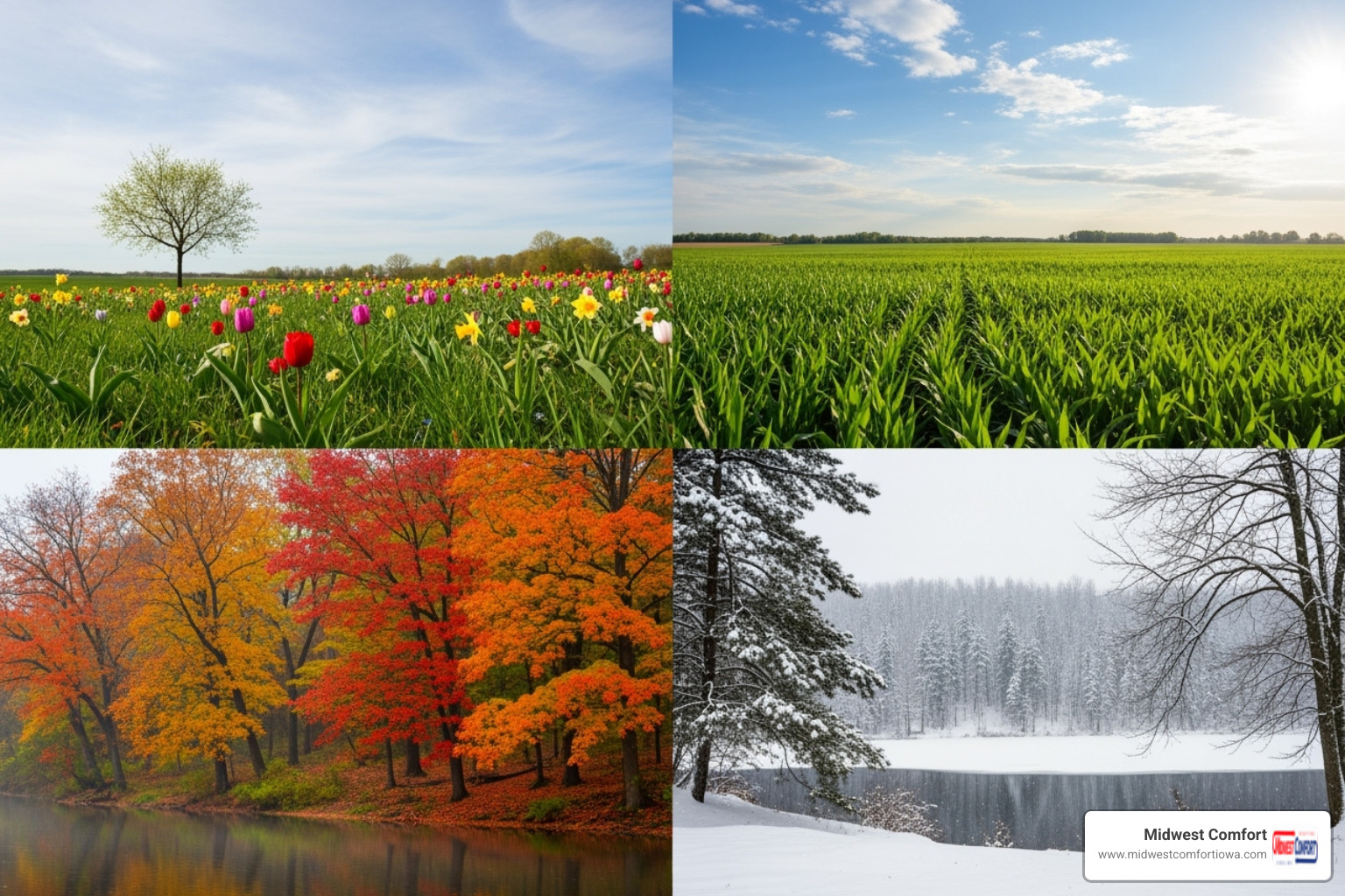 Collage showing the four distinct Iowa seasons - indoor air quality des moines Collage showing the four distinct Iowa seasons - indoor air quality des moines