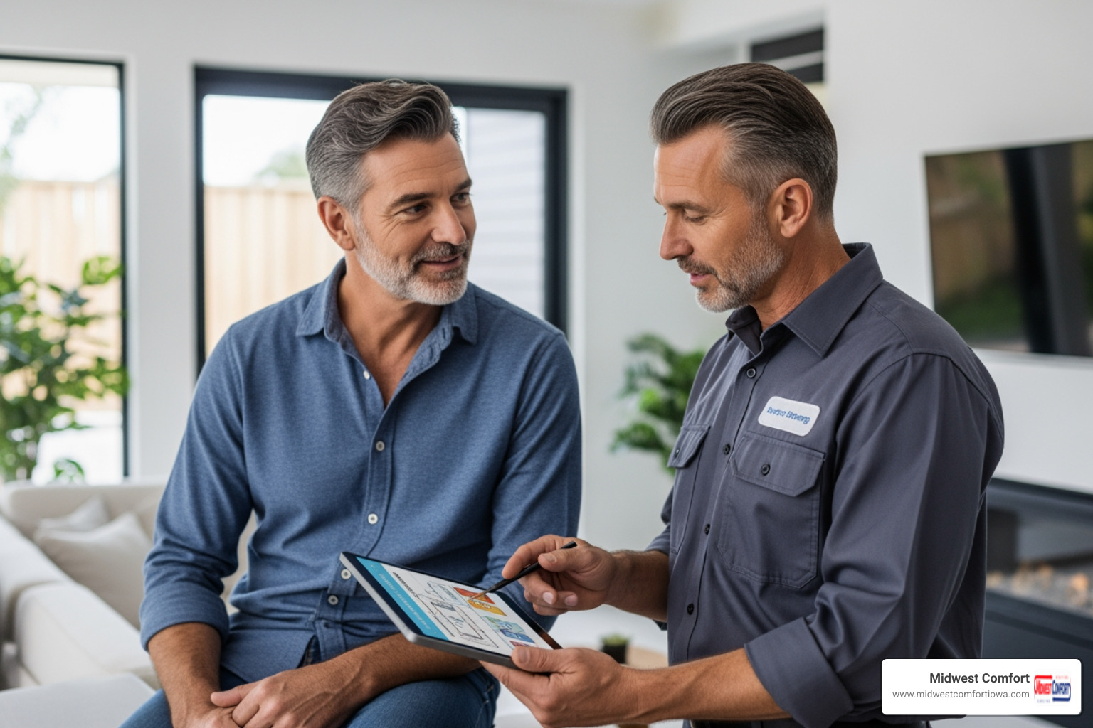 homeowner speaking with technician - I need to find a reliable company for heat pump installation in Des Moines.