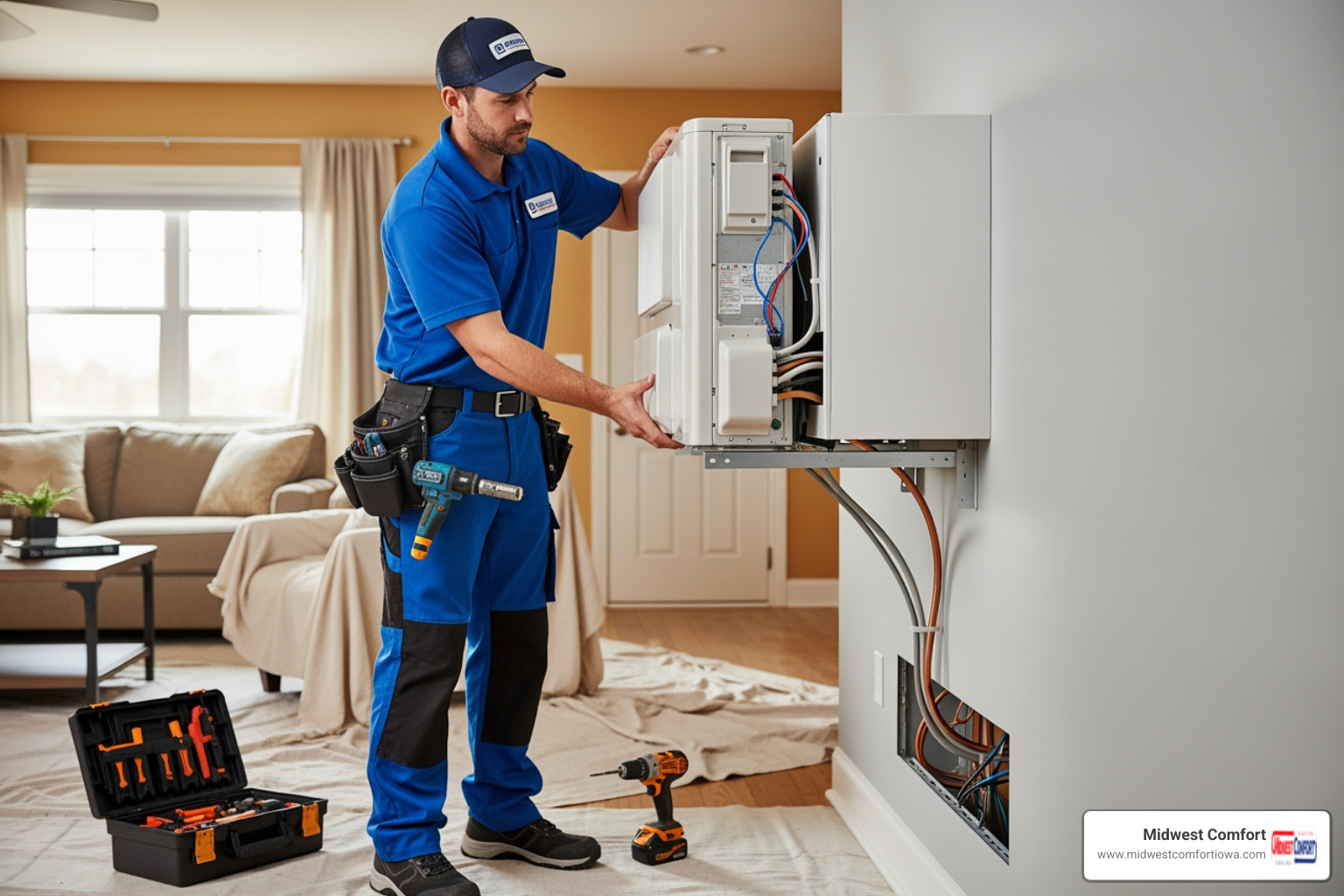 technician installing indoor unit - I need to find a reliable company for heat pump installation in Des Moines.