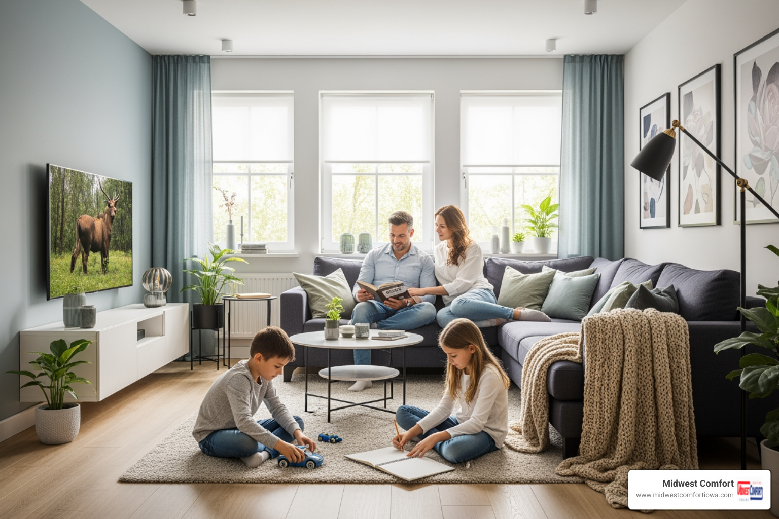 family relaxing comfortably - I need to find a reliable company for heat pump installation in Des Moines.