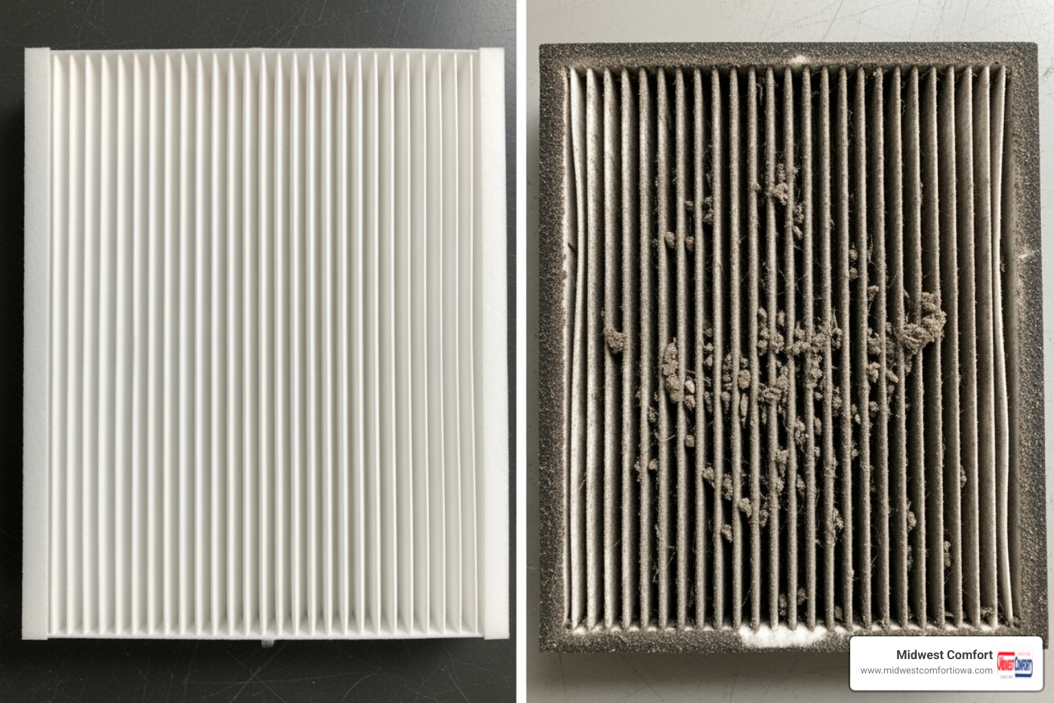 clean air filter next to a dirty one - hvac maintenance des moines clean air filter next to a dirty one - hvac maintenance des moines
