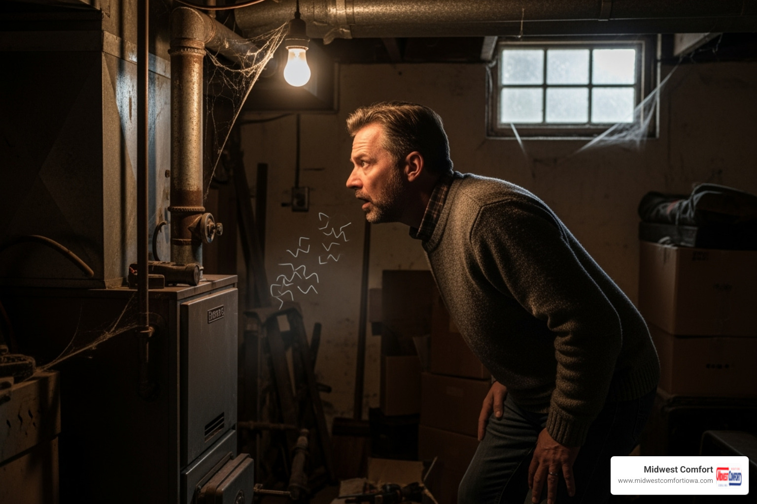 A homeowner with a worried expression, listening intently to a strange or unusual noise emanating from their furnace in a dimly lit basement or utility room - furnace tune up des moines