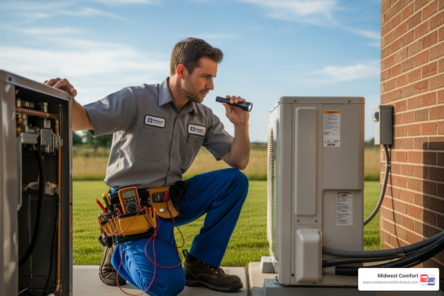 A professional HVAC technician meticulously inspecting an outdoor air conditioning unit, emphasizing attention to detail and expertise - energy saving hvac des moines