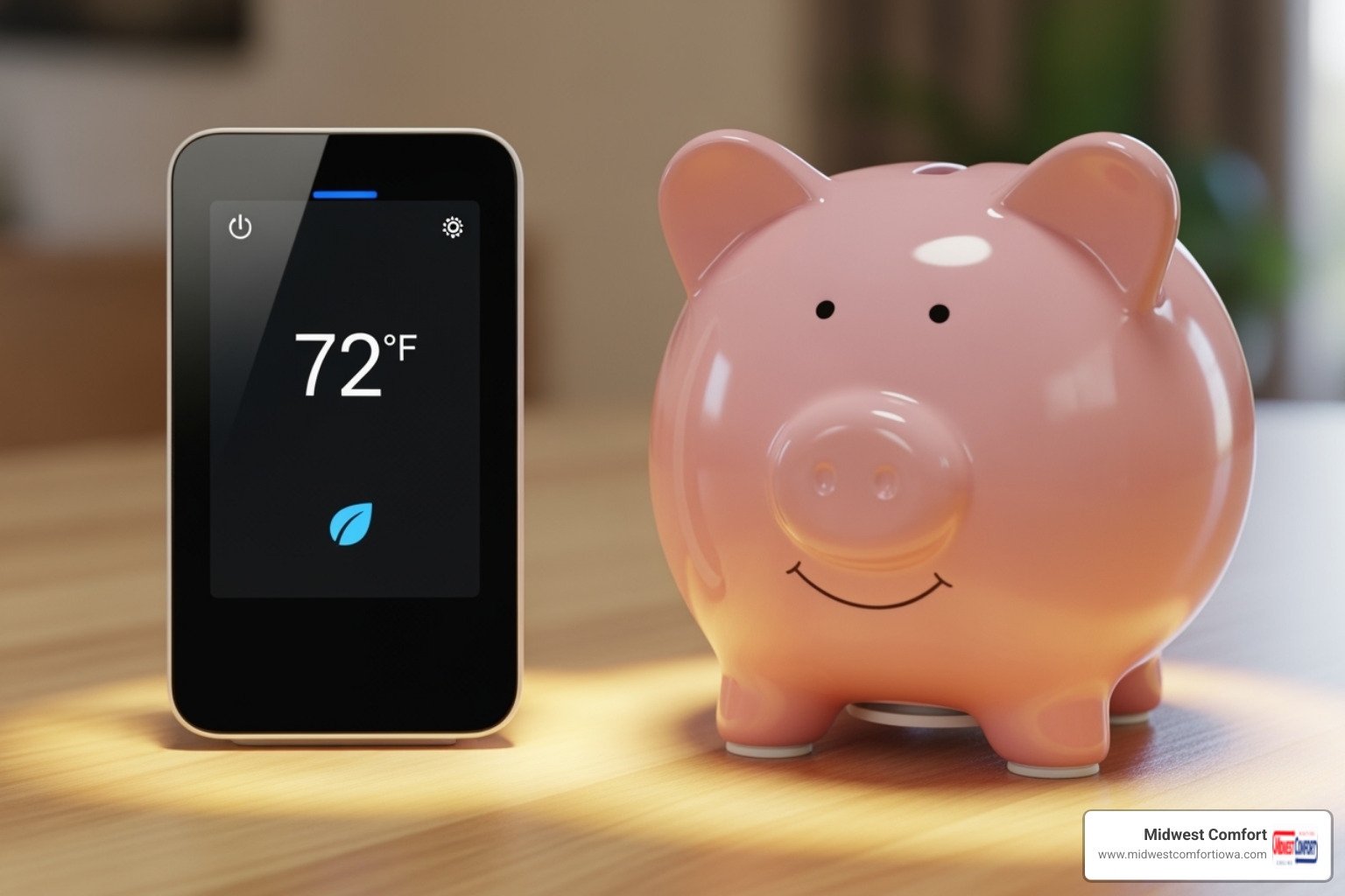 A stylized image of a piggy bank next to a modern smart thermostat, symbolizing cost savings through energy efficiency - energy saving hvac des moines