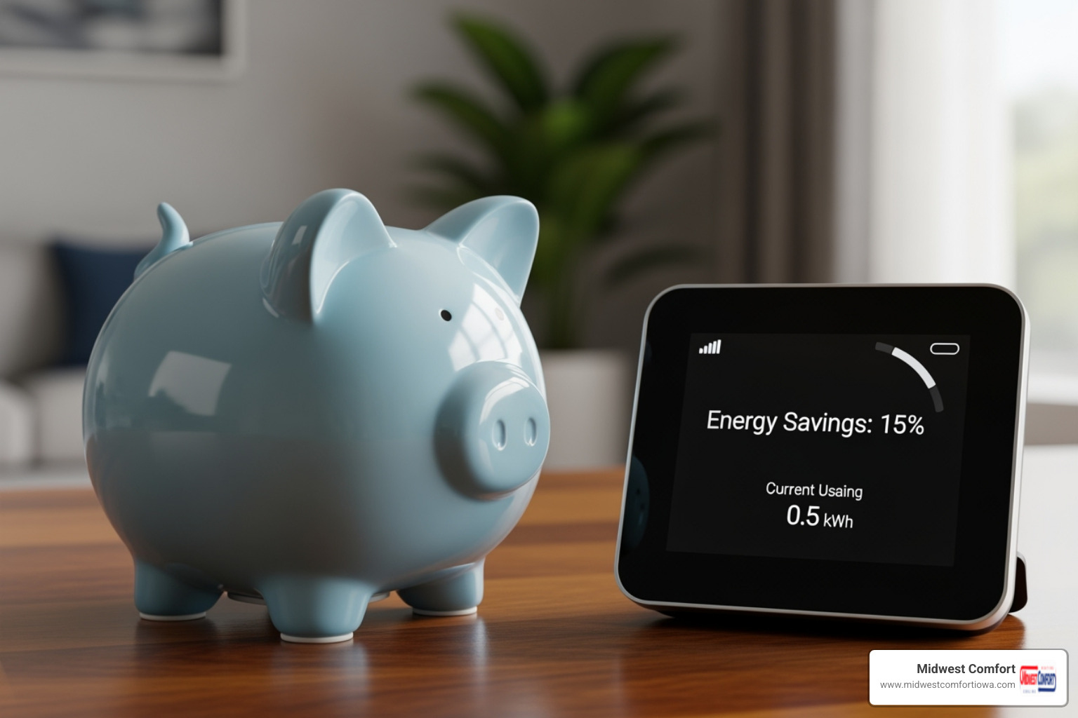 a piggy bank next to a smart thermostat displaying energy savings - energy efficiency upgrade des moines a piggy bank next to a smart thermostat displaying energy savings - energy efficiency upgrade des moines