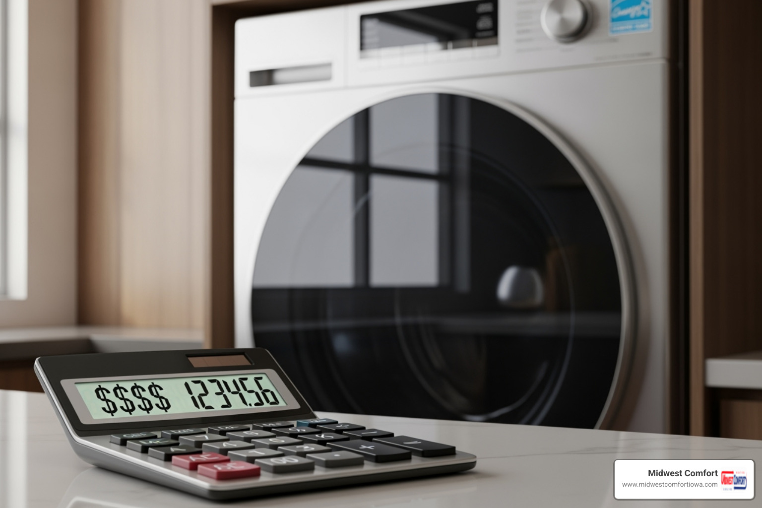 a calculator with dollar signs and an energy-efficient appliance - energy efficiency upgrade des moines a calculator with dollar signs and an energy-efficient appliance - energy efficiency upgrade des moines